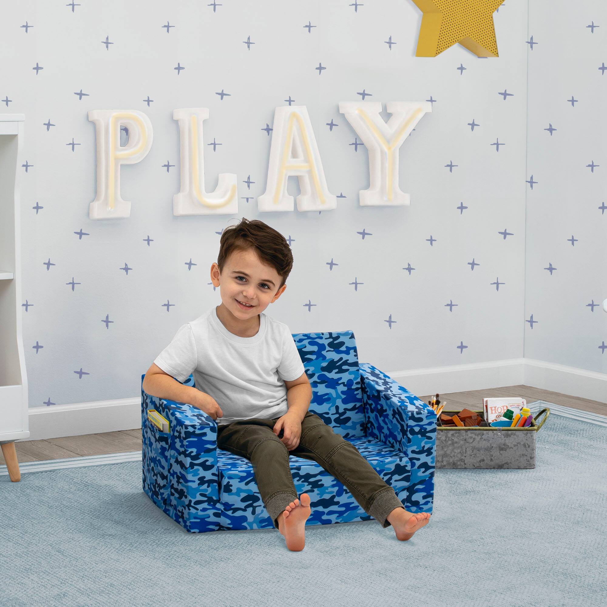 Delta Children Blue Camo Cozee Flip Out 2-in-1 Convertible Chair to Lounger